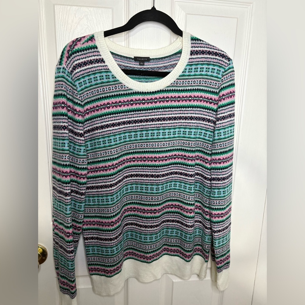 Talbots Fair Isle Lambswool Blend Sweater | Multicolor Striped Pattern | Size L - Picture 2 of 10